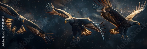 eagles flying with open wings, dark azure and bronze, ranger, panel composition mastery photo
