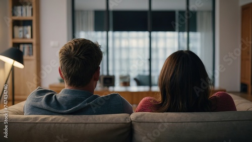 Couple watching TV at home while sitting on sofa