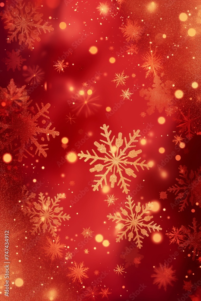 Christmas red background with holiday golden snowflakes, in the style of light red and light gold, vividly bold designs, vertical image, bokeh effect, dark brown and red. Happy New Year celebration. Christmas red background with holiday golden snowflakes, in the style of light red and light gold, vividly bold designs, vertical image, bokeh effect, dark brown and red. Happy New Year celebration.
