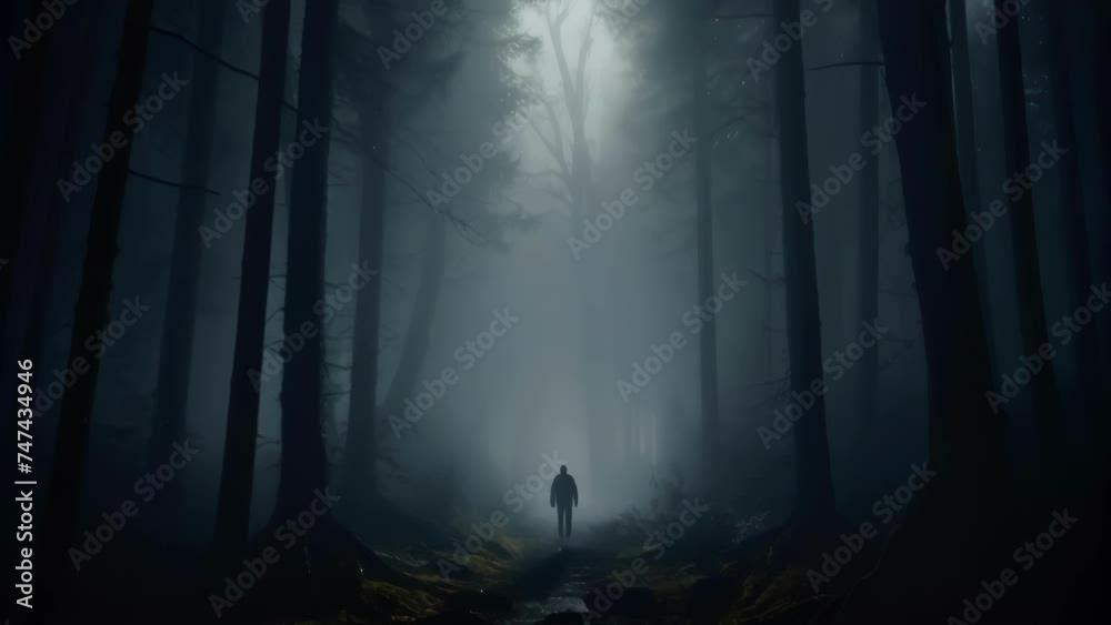 A person walking alone in a dark foggy forest with a sense of impending danger. Psychology art concept. .