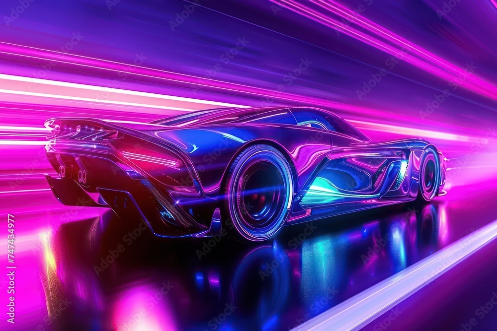 futuristic car speed on the highway with neon in the background, in the style of psychedelic artwork, photorealistic art, luxurious futuristic car speed on the highway with neon in the background, in the style of psychedelic artwork, photorealistic art, luxurious