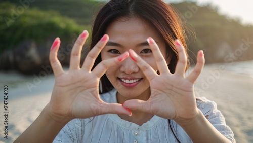 Asian woman making heart sign with hands at beach