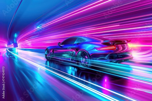 futuristic car speed on the highway with neon in the background, in the style of psychedelic artwork, photorealistic art, luxurious