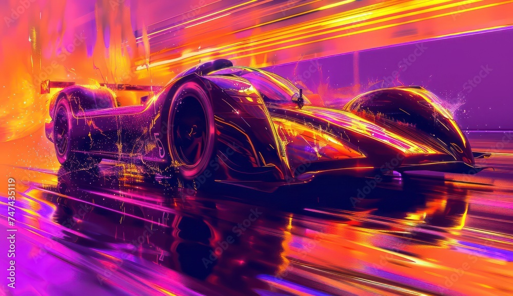 futuristic race car on a neon background, in the style of cyber realism, poured, sharp & vivid colors, light amber and violet futuristic race car on a neon background, in the style of cyber realism, poured, sharp & vivid colors, light amber and violet