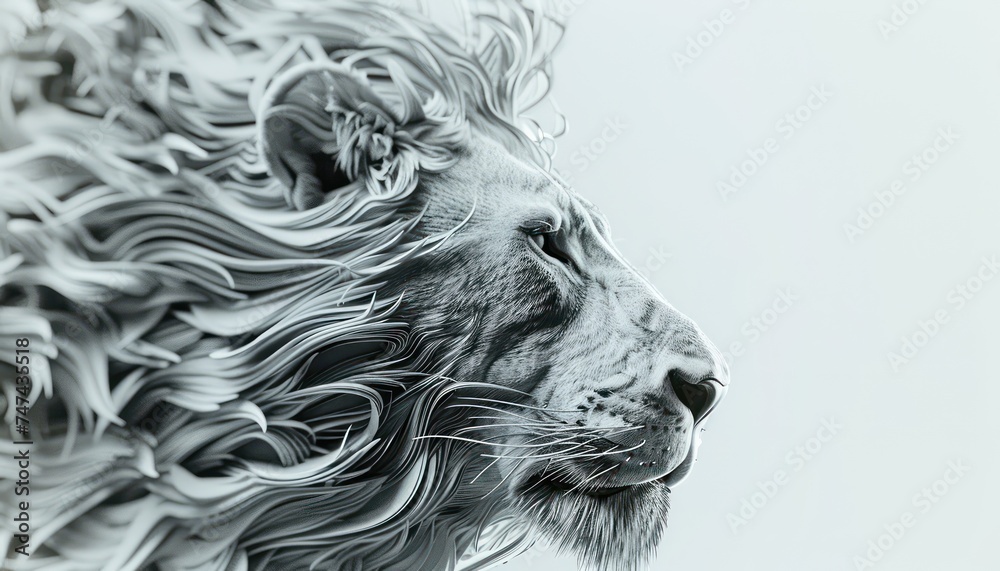 lions mane or tattoo, in the style of flowing silhouettes, exaggerated facial features, depictions of animals, stenciled iconography