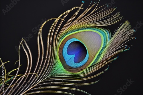A vibrant and detailed peacock feather is set against a dark background, highlighting its iridescent colors and intricate pattern.

