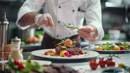 Chef cooks and presents a dish in the kitchen of a luxury restaurant