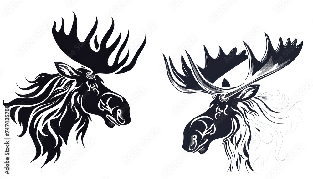 moose head collection vector, in the style of dark white and light black moose head collection vector, in the style of dark white and light black