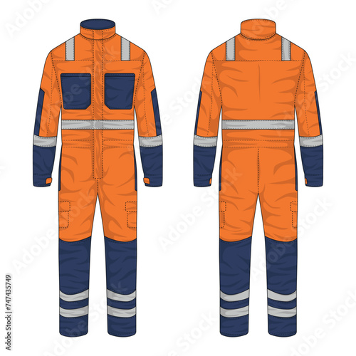 Illustration of work wear front and back view. Hi-vis wearpack mockup. Coverall vector