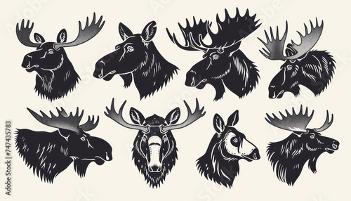 moose head collection vector  in the style of dark white and light black