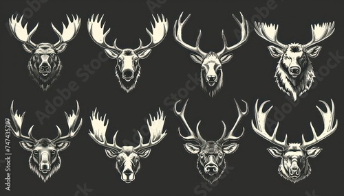 moose head collection vector, in the style of dark white and light black photo