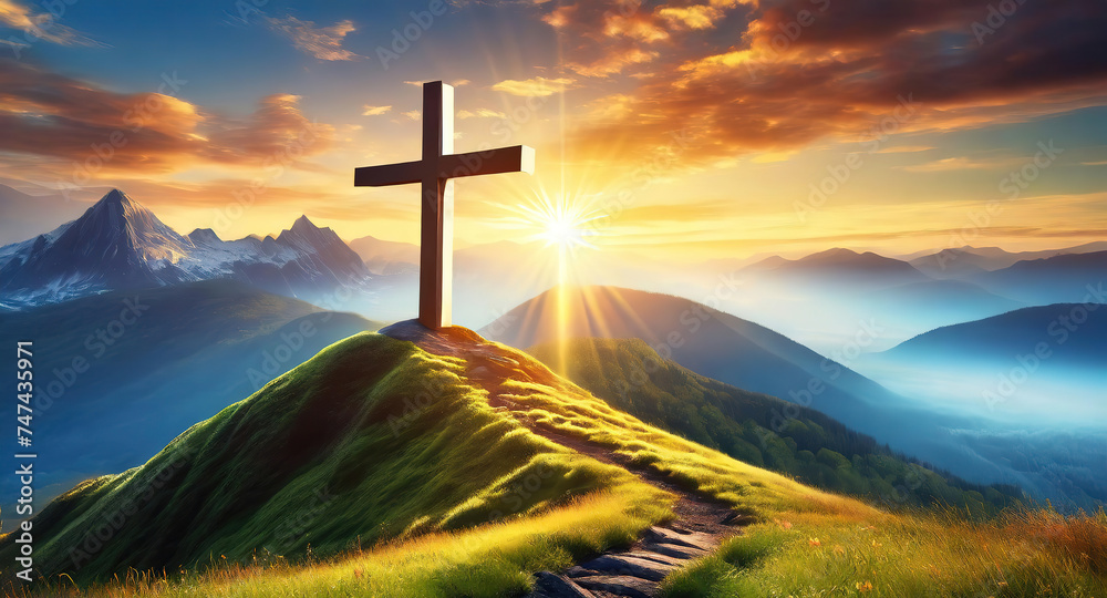 Bright Christian cross on hill outdoors at sunrise, Resurrection of Jesus - obrazy, fototapety, plakaty 