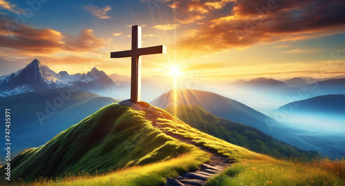 Bright Christian cross on hill outdoors at sunrise, Resurrection of Jesus photo