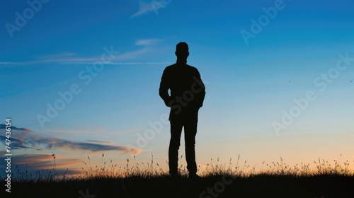 A silhouette of a man standing in a field, suitable for various projects © Fotograf