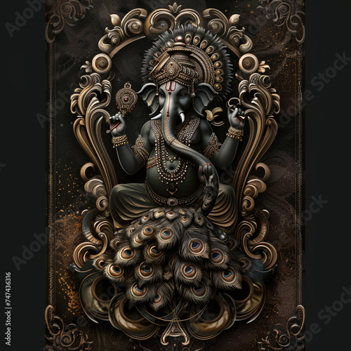 Ganesha sitting on a dark black and maroon