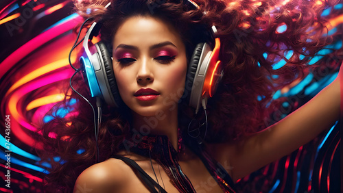 Junge Frau hört Musik mit einem Kopfhörer vor buntem Hintergrund photo