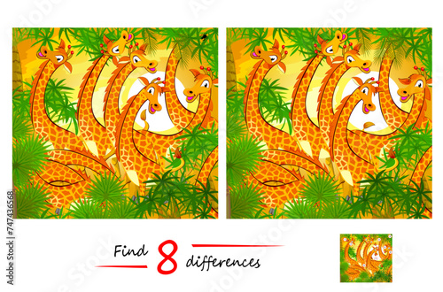Find 8 differences. Illustration of a herd of giraffes in Africa. Logic puzzle game for children and adults. Page for kids brain teaser book. Developing to counting skills. Vector cartoon drawing.