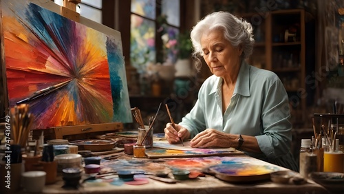Ältere Frau malt in einem Malstudio mit vielen Farben 