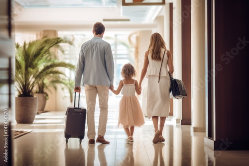 Back view of happy family with luggage walking in hotel corridor. Back view of young parents and little girl holding hands and going to travel together. photo
