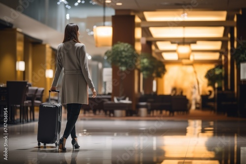 Rear view of young businesswoman walking with suitcase in hotel lobby. Travel and business concept. with copy space. 