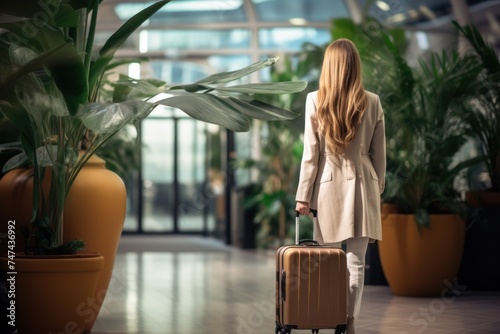 back view of businesswoman walking with suitcase in hotel lobby, rear view. Travel and business concept. with copy space. 