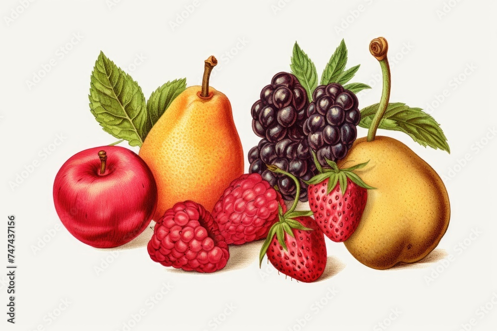 A colorful painting featuring a variety of fresh fruits and berries. Suitable for food and nutrition concepts A colorful painting featuring a variety of fresh fruits and berries. Suitable for food and nutrition concepts