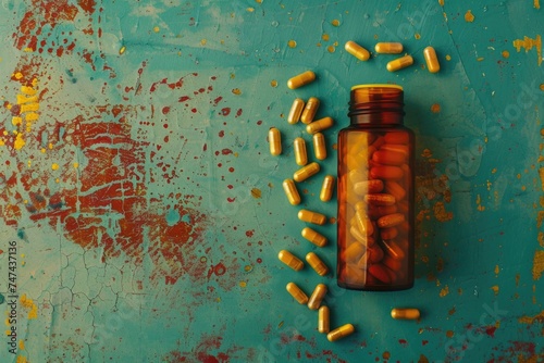 Glass bottle filled with pills on table, suitable for medical concept designs
