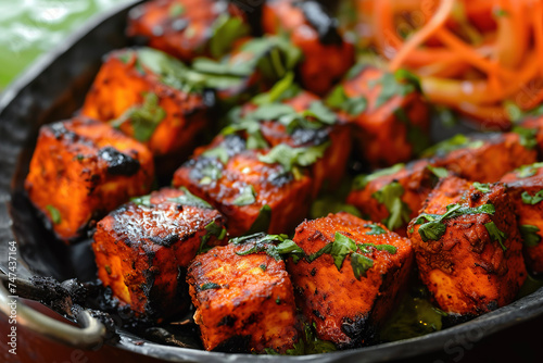 A plate of paneer tikka, a vegetarian dish made from chunks of paneer marinated in spices and grilled in a tandoor. photo