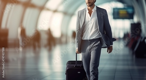 Businessman walking with suitcase in airport terminal. Travel and tourism concept. Travel and business concept. with copy space. 