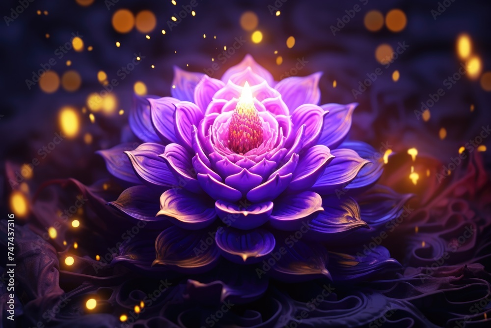 A beautiful purple flower surrounded by glowing fireflies. Perfect for nature and magical themed projects A beautiful purple flower surrounded by glowing fireflies. Perfect for nature and magical themed projects