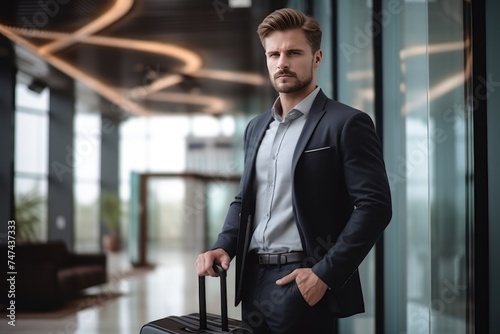 handsome young businessman in suit with suitcase looking at camera in airport. Travel and business concept. with copy space. 