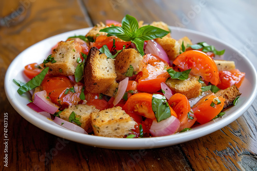 A plate of panzanella  a Tuscan bread salad made with stale bread  tomatoes  onions  and basil.