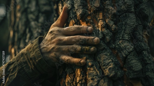 A person holding onto a tree trunk, suitable for nature or survival themes