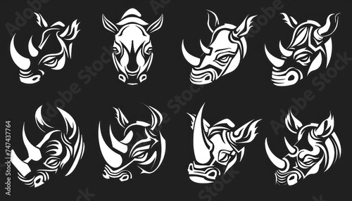 tribal rhino head collection vector  in the style of dark white and light black