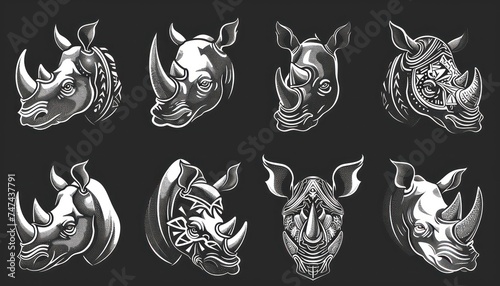 tribal rhino head collection vector, in the style of dark white and light black