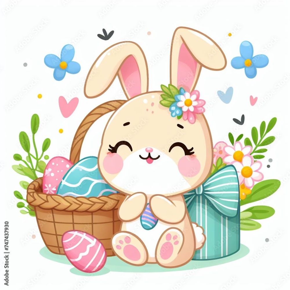 Fototapeta premium Easter bunny surrounded by colorful eggs