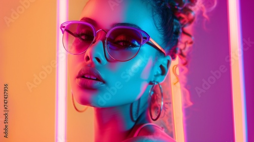 Capture the essence of a smart, attractive, and stylish young woman radiating confidence. Present a portrait of her under neon lights, emphasizing the vibrant and dynamic atmosphere. 