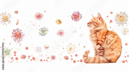 Feline wellness: Cute cat and helminths illustration under a microscope on a white background, banner design. photo