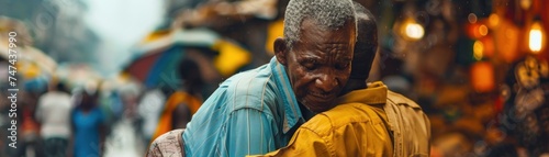 An intimate moment of genuine compassion shared between strangers set against a backdrop of daily hustle showcasing the balance of human emotions