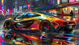 video game car in the game, in the style of bold lines, vivid colors, glowing colors, hyper realism
