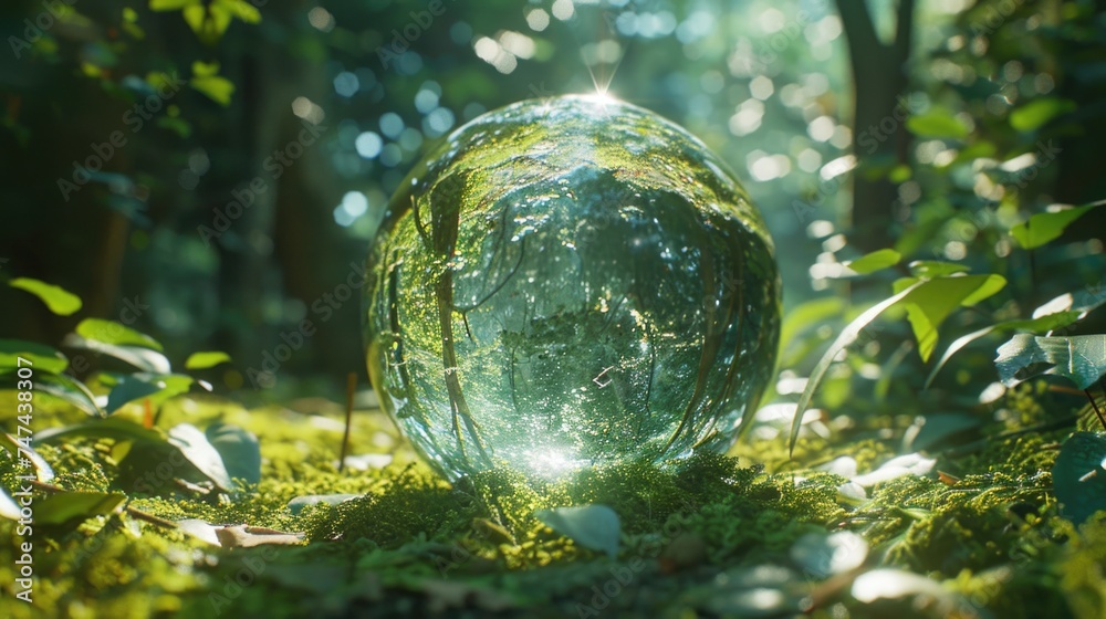 Glass ball on a vibrant green field, perfect for nature concepts Glass ball on a vibrant green field, perfect for nature concepts