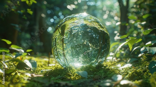 Glass ball on a vibrant green field  perfect for nature concepts