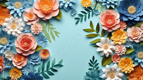 Vibrant paper flowers on a blue backdrop, perfect for various creative projects photo