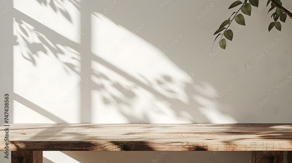 Wooden Table with Streaming Sunlight and Foliage Shadow