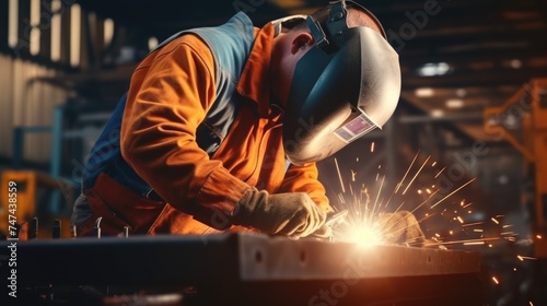A man in an orange jacket welding a piece of metal. Suitable for industrial and construction concepts © Fotograf