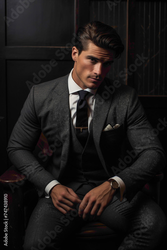 Against a backdrop of muted tones, the dapper male model exudes elegance and refinement in his business attire, his demeanor both powerful and inviting.