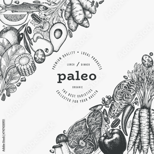 Paleo Diet Design Template. Vector Hand Drawn Healthy Food Banner. Vintage Style Menu Illustration.