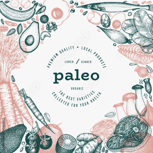 Paleo Diet Design Template. Vector Hand Drawn Healthy Food Banner. Vintage Style Menu Illustration.