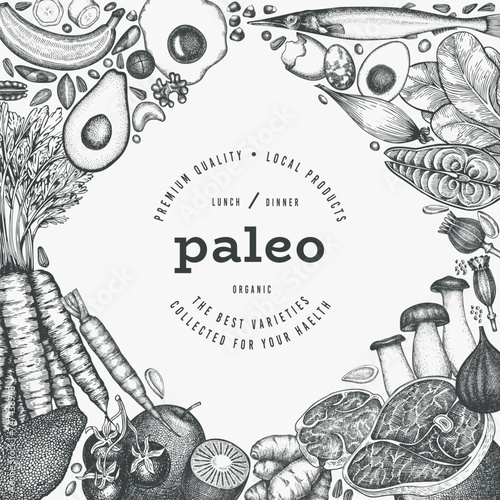 Paleo Diet Design Template. Vector Hand Drawn Healthy Food Banner. Vintage Style Menu Illustration.