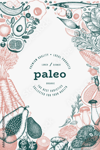 Paleo Diet Design Template. Vector Hand Drawn Healthy Food Banner. Vintage Style Menu Illustration.